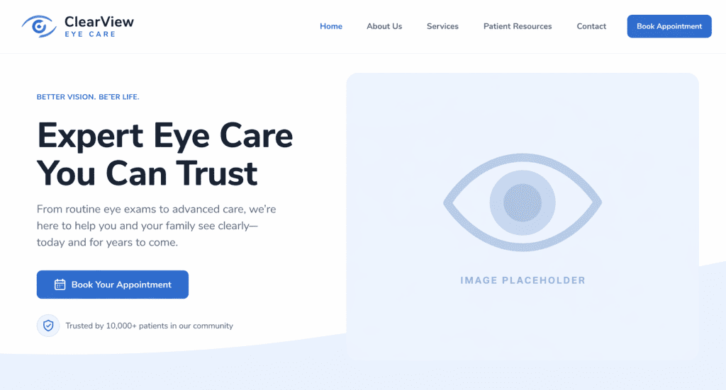 What should the headline and hero section say on an eye care landing page?
