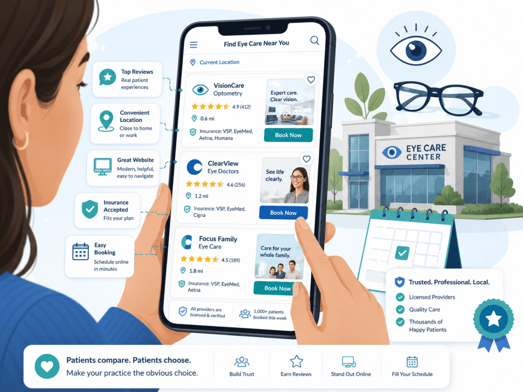 Illustration of a patient comparing eyecare providers on a smartphone, reviewing ratings, location, insurance, website quality, and booking options before choosing an eye care center.