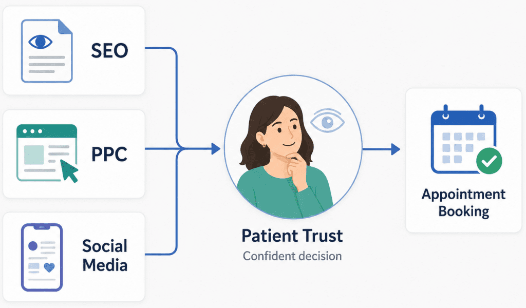 Illustration showing SEO, PPC, and social media leading to patient trust and appointment booking for an eyecare practice.