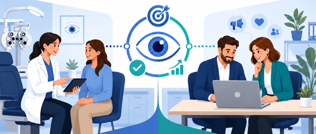 Illustration of an optometrist consulting a patient and two marketing professionals discussing a laptop, connected by an eye and goal icons under the title “How to Align Patient Experience and Eyecare Marketing Goals.”