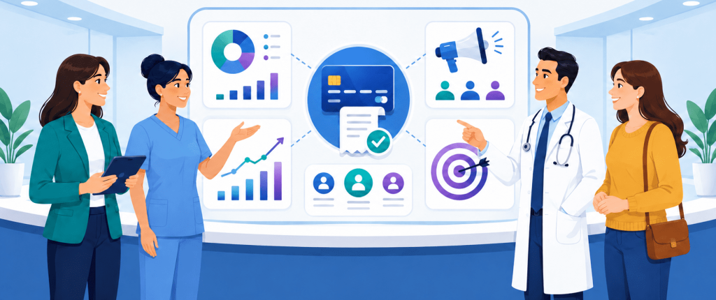 Illustration of four healthcare professionals and a patient reviewing a central payment and marketing dashboard, with charts, patient icons, a credit card, receipt, megaphone, and target under the title “How Payment Information Can Improve Patient Marketing.”