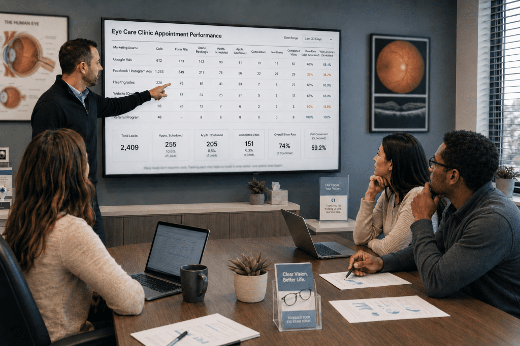 Team reviewing an eye care clinic appointment performance dashboard in a clinic meeting room.