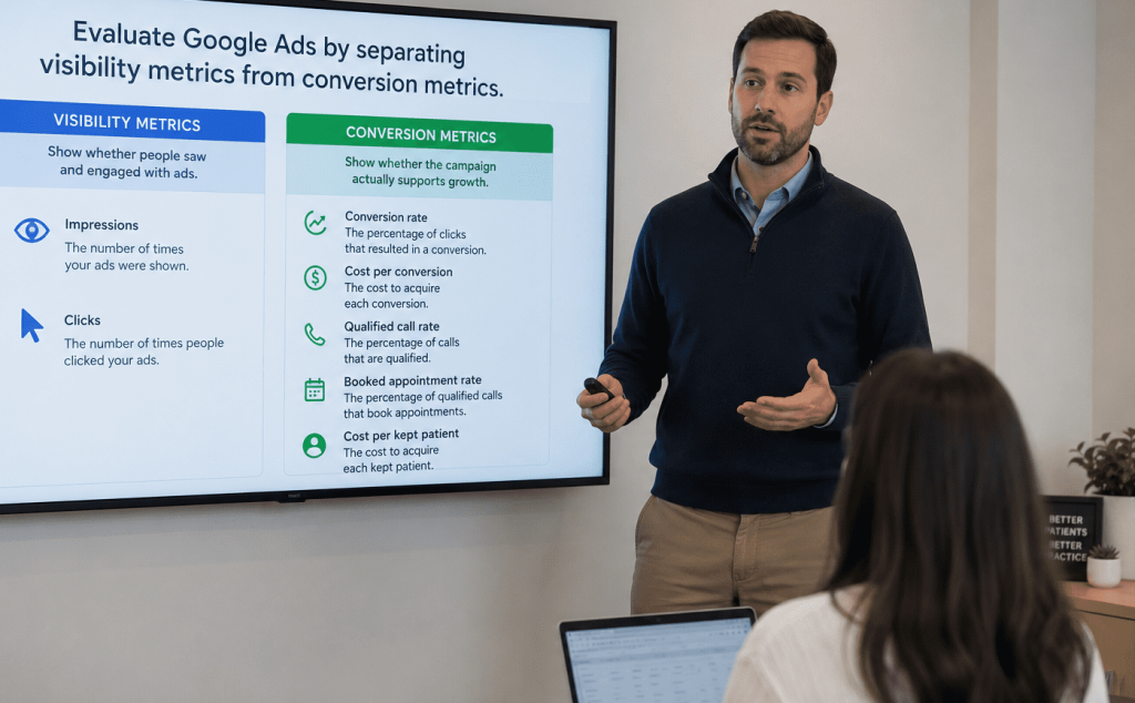 Marketing presenter explains Google Ads visibility and conversion metrics on a screen.