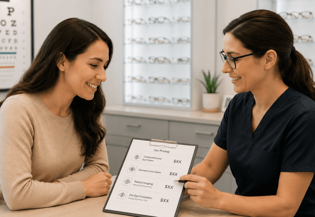 Eye care staff member explains pricing options to a smiling patient inside a modern optometry clinic.