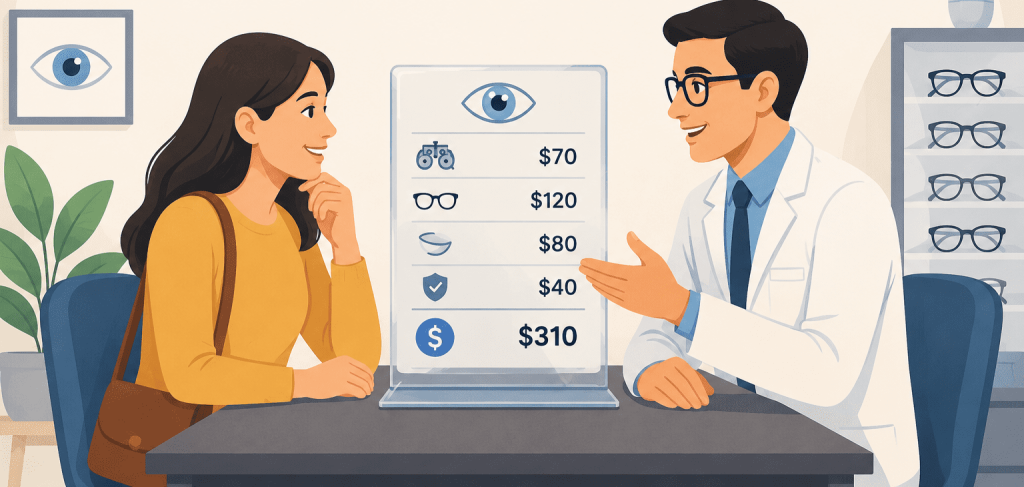 Illustration of an eye doctor explaining a transparent eye care pricing board to a patient before booking an appointment.