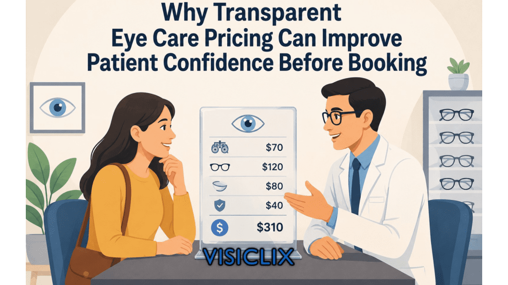 Illustration of an eye doctor explaining a transparent eye care pricing board to a patient before booking an appointment.
