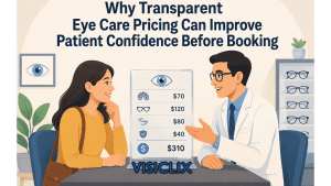 Illustration of an eye doctor explaining a transparent eye care pricing board to a patient before booking an appointment.