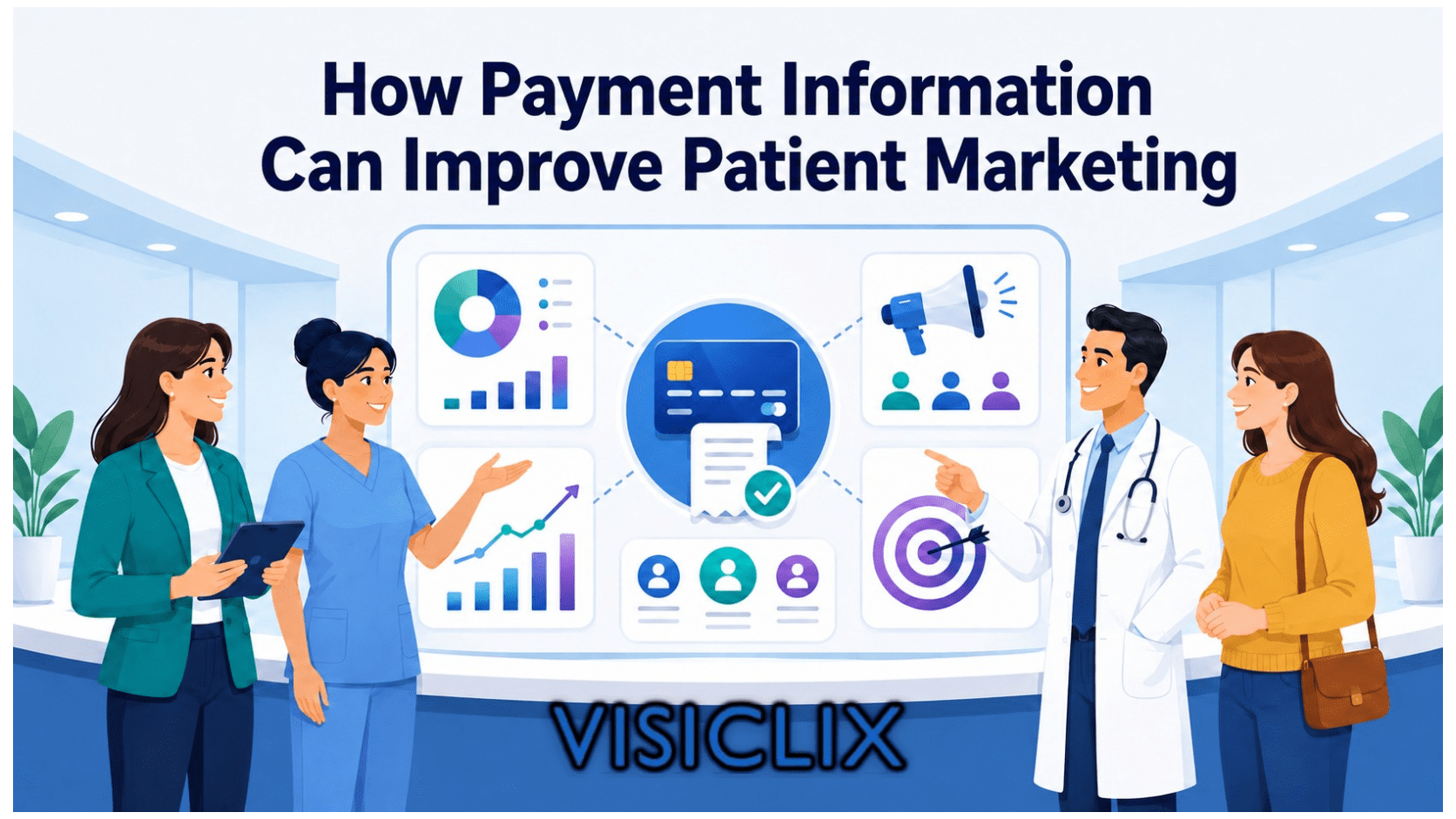 Illustration of four healthcare professionals and a patient reviewing a central payment and marketing dashboard, with charts, patient icons, a credit card, receipt, megaphone, and target under the title “How Payment Information Can Improve Patient Marketing.”
