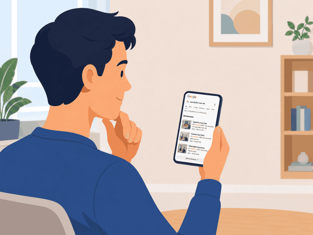 Patient reviewing eye clinic listings and photos in Google search results on a handheld device.