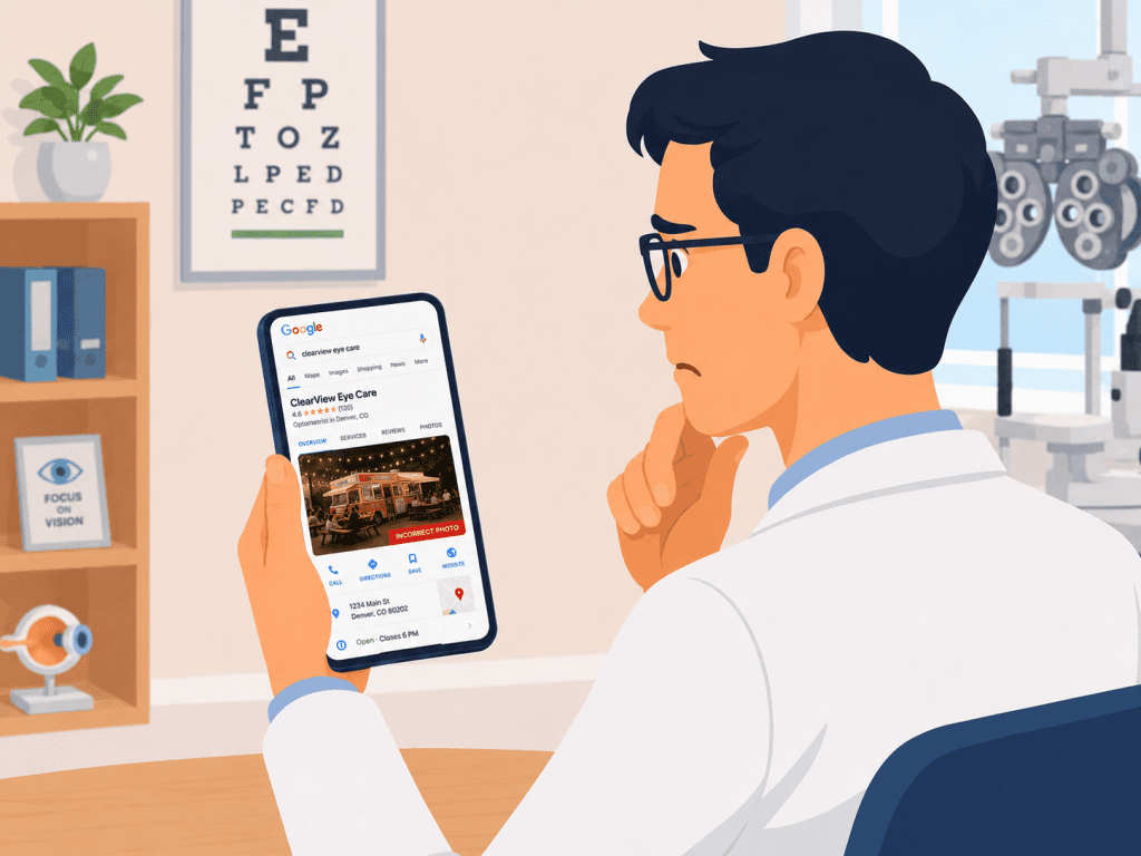 Concerned optometrist reviewing an incorrect photo on the clinic’s Google Business Profile.