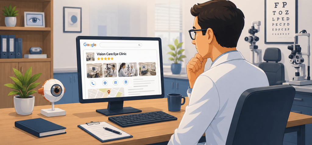 Optometrist reviewing an eye clinic’s Google Business Profile listing with photos on a desktop computer.