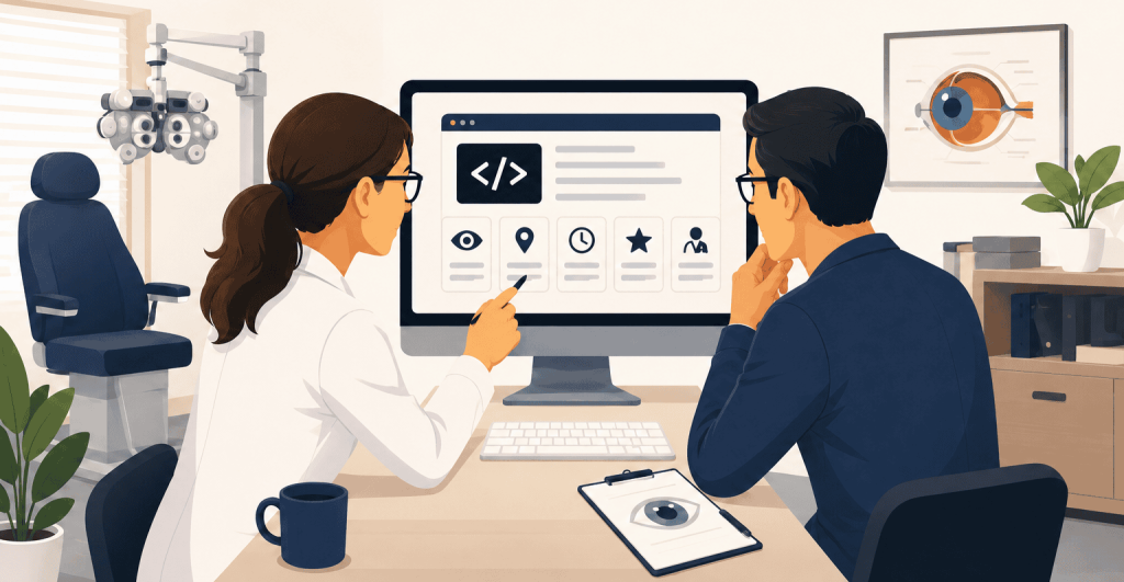 Flat vector illustration of an optometrist and a client reviewing schema markup icons on a computer screen inside an eye clinic.
