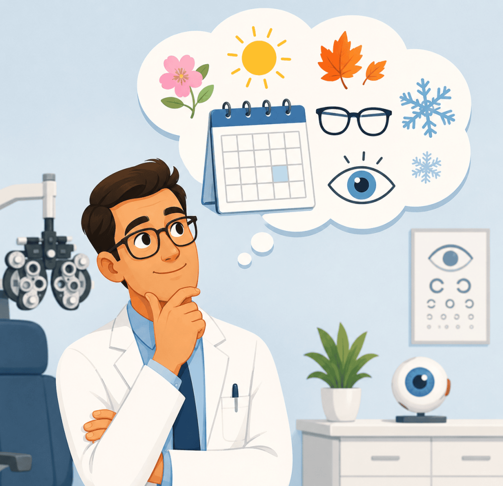 Eye care doctor thinking about seasonal content, shown through a thought bubble with spring, summer, fall, and winter icons.