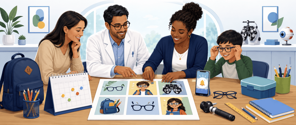 Illustration of an optometrist, parent, marketing coordinator, and child planning a back-to-school eye exam campaign around a table with glasses, school supplies, a calendar, and campaign visuals.