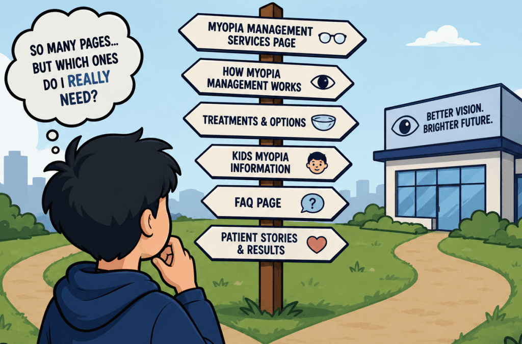 A modern cartoon illustration of a person looking at a signpost with different myopia management website pages, wondering which pages are needed for an effective SEO strategy.