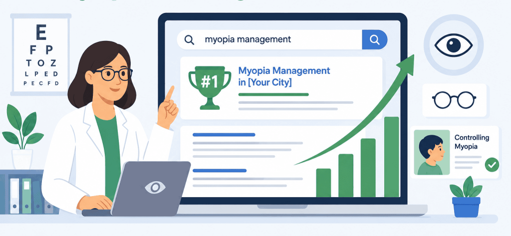 Flat vector illustration of an optometrist using a laptop with a search page for myopia management, SEO ranking elements, an upward growth graph, and eye care icons beneath the title "How Optometry Practices Can Rank for Myopia Management Searches."