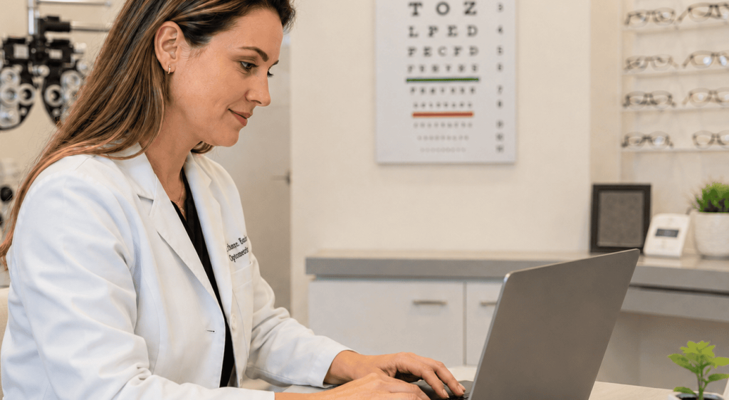 Female eye doctor in a white coat typing on a laptop in a bright optometry office with an eye chart, eyeglass display, and exam equipment in the background.