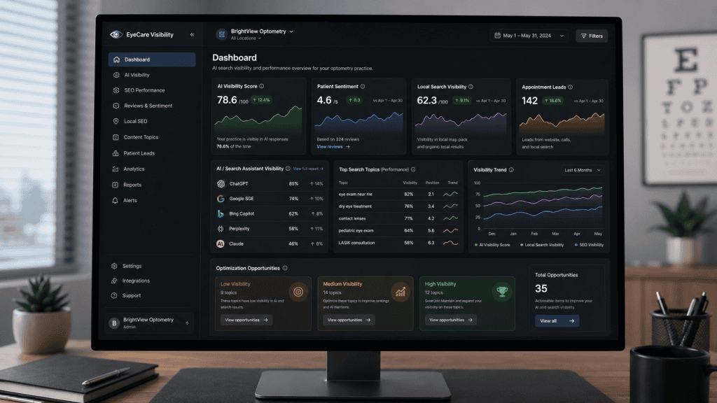 A realistic desktop monitor displays a dark-mode AEO and SEO visibility dashboard for an optometry digital marketing platform, showing AI visibility, patient sentiment, local search performance, appointment leads, and optimization opportunities.