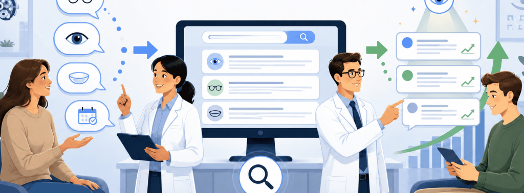 Flat vector illustration of optometrists turning patient eye care questions into search visibility through digital search results and answer cards.