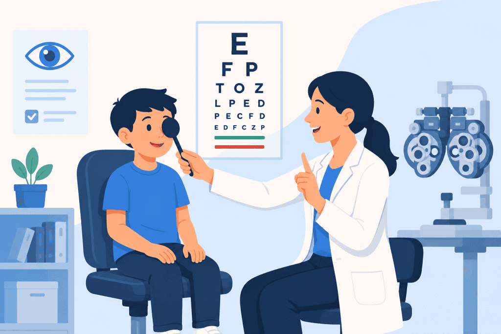 A flat vector illustration of an eye doctor performing a children's vision screening by covering one eye while a smiling child sits in an exam chair, with an eye chart and vision testing equipment in the background.