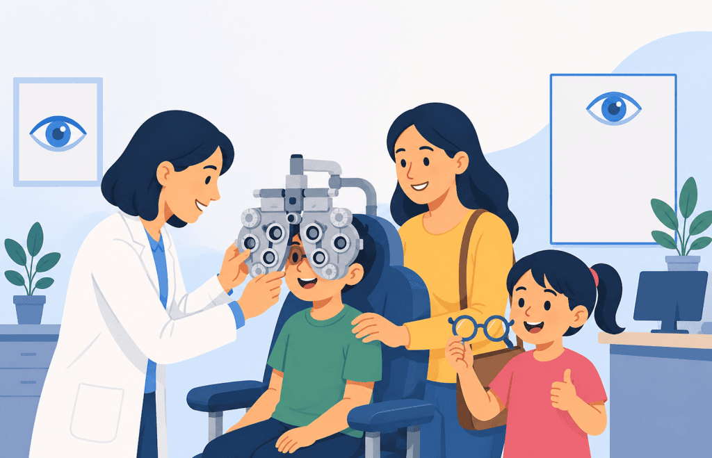 A flat vector illustration of an eye doctor performing a vision screening on a smiling child while a parent and sibling watch in a bright, modern optometry clinic.