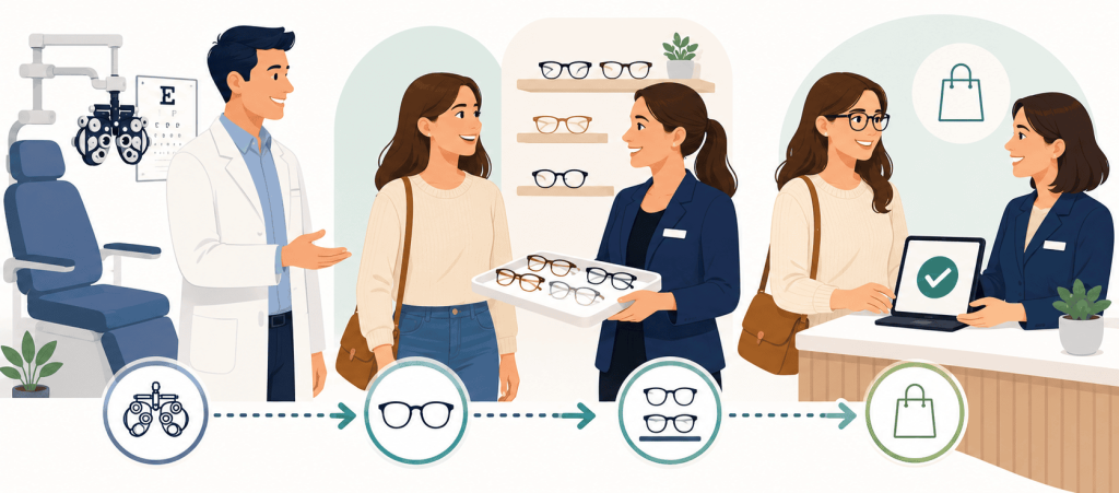 Flat vector illustration showing a patient journey in an optometry clinic, from eye exam to eyewear selection and purchase, with icons representing each step.