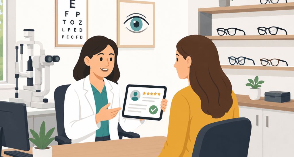 Optometrist discussing vision care with a patient in a modern optical clinic.