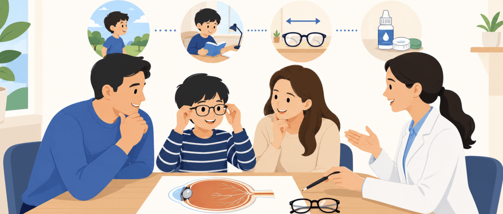 Flat vector illustration of parents and a child talking with an eye doctor about myopia control, with glasses, contact lenses, eye drops, and daily activity icons shown above them.