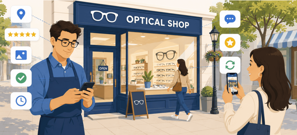 Flat vector illustration of an optical shop storefront with a staff member updating the shop’s Google Business Profile on a phone, while a customer takes a photo and local listing icons show reviews, location, photos, hours, and updates.