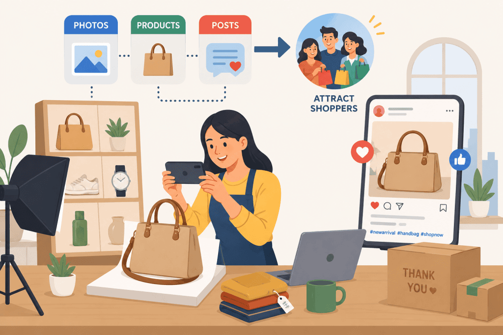 Person photographing products and sharing posts online to attract shoppers in a flat vector illustration.
