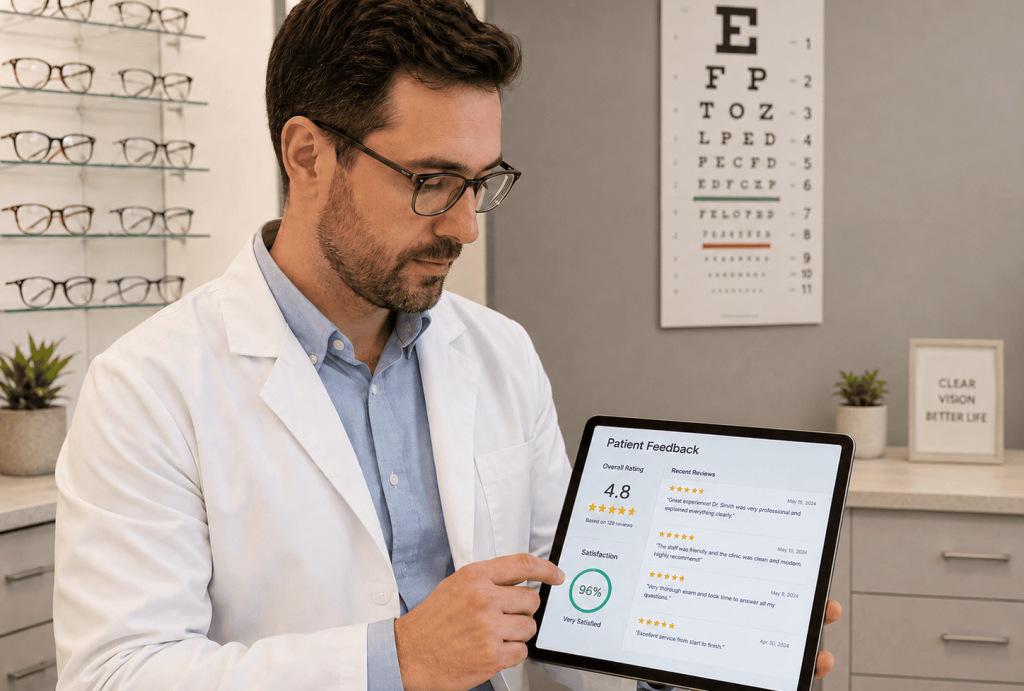 Optometrist reviewing patient feedback on a tablet inside a modern eye clinic.