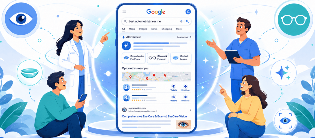 Flat-vector hero image showing optometrists and patients gathered around a large phone displaying a Google search results page with an AI Overview for eye care searches.