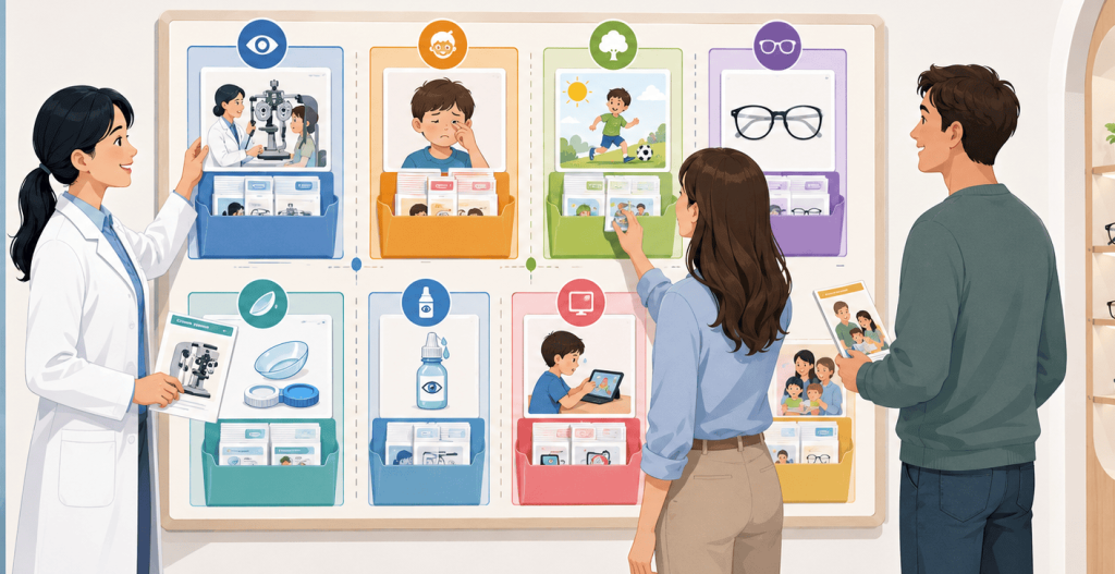 Flat vector illustration of an eye doctor and parents organizing myopia content into separate wall folders for exams, symptoms, outdoor habits, glasses, contact lenses, eye drops, and screen time, with the blog title displayed above.