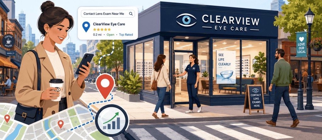 Illustration of a city street with an eye care clinic appearing in a local search result for “contact lens exam near me,” showing map pins, reviews, and people visiting the clinic.