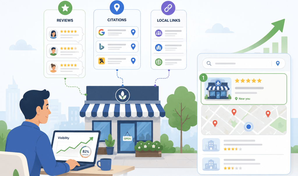 Flat vector illustration showing customer reviews, business citations, and local links helping a local business rank higher in search results.