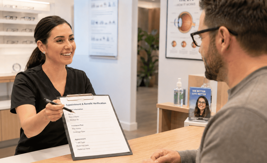 Front desk staff helps a patient complete an appointment and vision insurance benefit verification form at an optometry clinic.