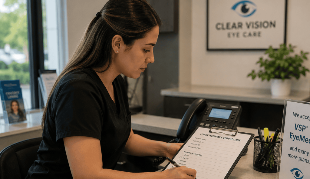 Optometry staff reviews a vision insurance verification form beside accepted VSP and EyeMed plan signage in a modern eye care office.