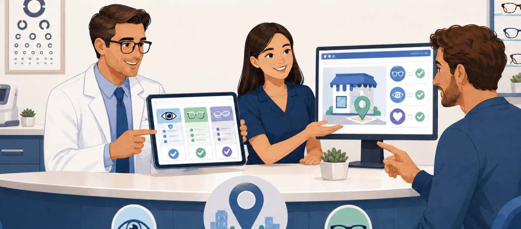 Optometry staff explain VSP, EyeMed, and plan page options to a patient using a tablet and clinic display screen.