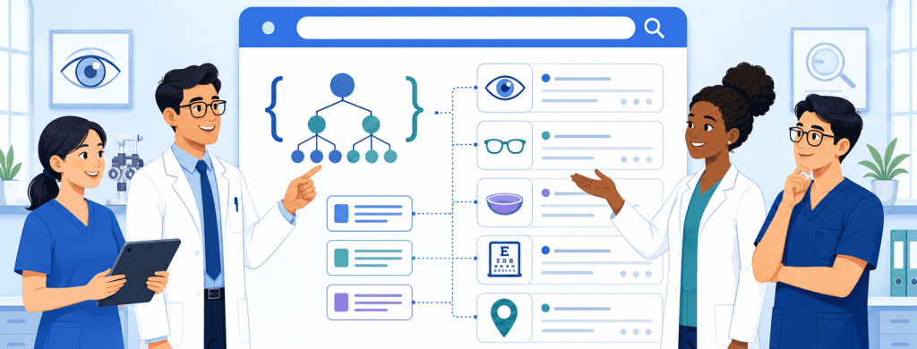 Flat vector illustration of eye clinic staff using a structured data dashboard to organize eye care services for Google search understanding.