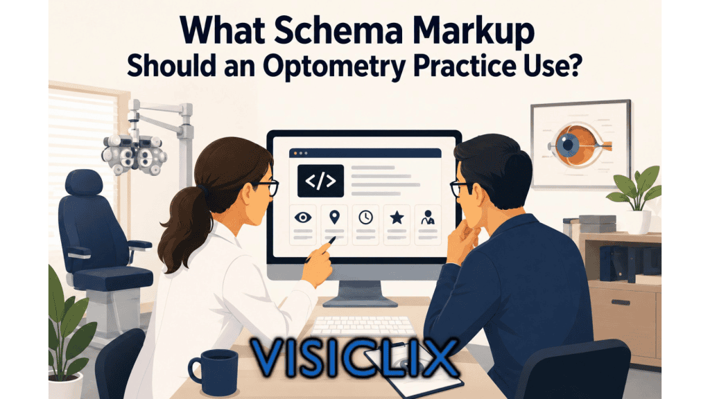 Flat vector illustration of an optometrist and a client reviewing schema markup icons on a computer screen inside an eye clinic.