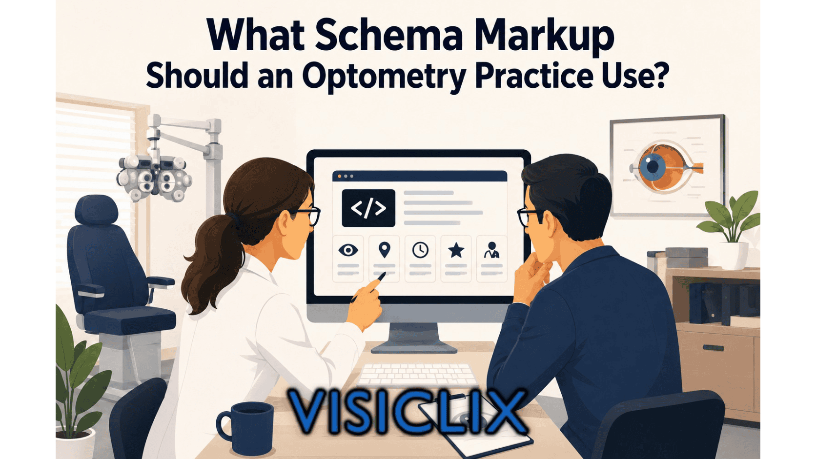 Flat vector illustration of an optometrist and a client reviewing schema markup icons on a computer screen inside an eye clinic.