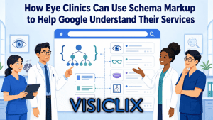 Flat vector illustration of eye clinic staff using a structured data dashboard to organize eye care services for Google search understanding.