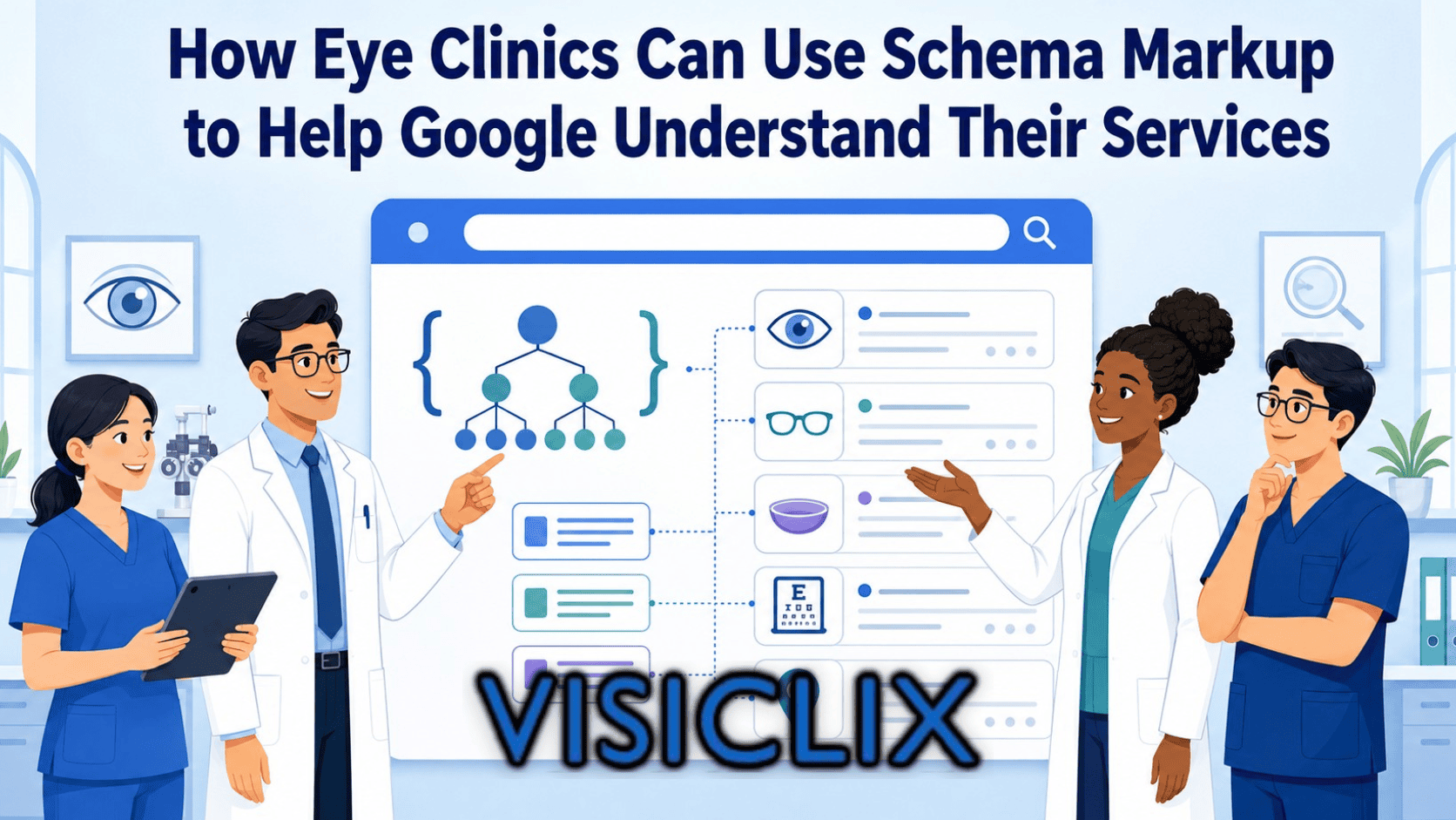 Flat vector illustration of eye clinic staff using a structured data dashboard to organize eye care services for Google search understanding.