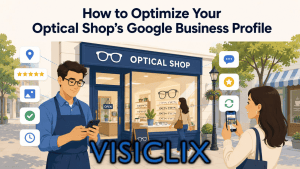 Flat vector illustration of an optical shop storefront with a staff member updating the shop’s Google Business Profile on a phone, while a customer takes a photo and local listing icons show reviews, location, photos, hours, and updates.