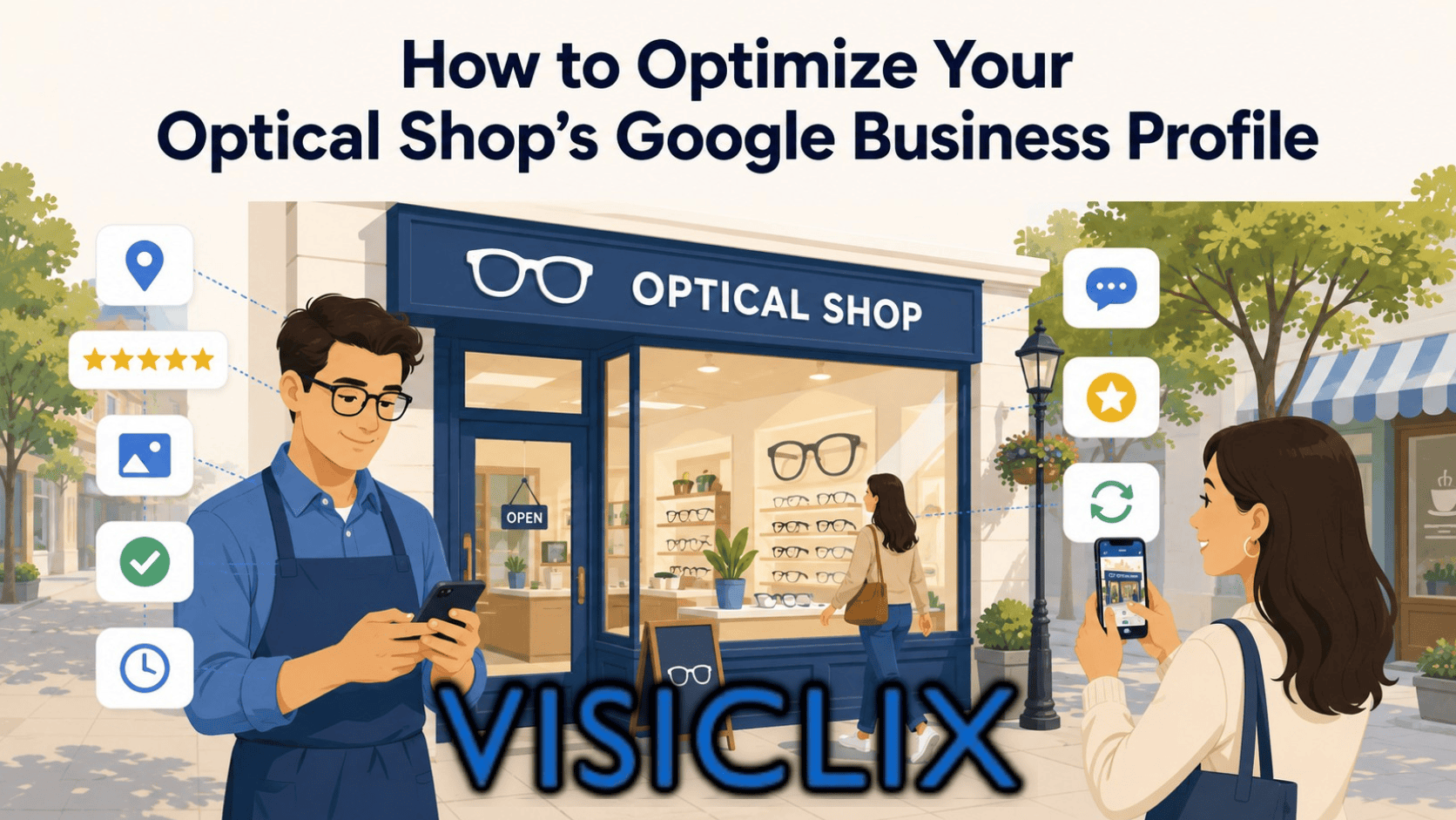 Flat vector illustration of an optical shop storefront with a staff member updating the shop’s Google Business Profile on a phone, while a customer takes a photo and local listing icons show reviews, location, photos, hours, and updates.