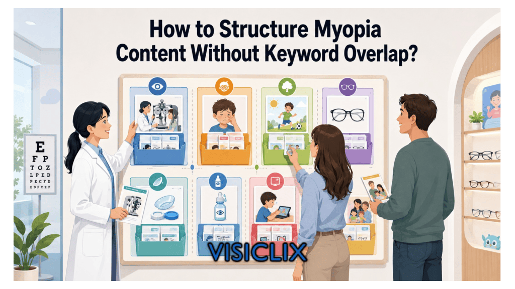 An eye care team organizes myopia content into clear topic categories to avoid keyword overlap.