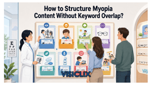 An eye care team organizes myopia content into clear topic categories to avoid keyword overlap.