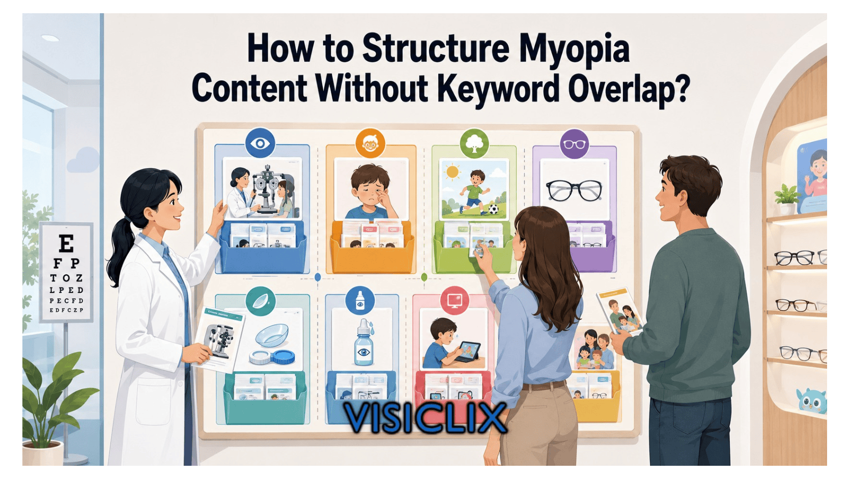 An eye care team organizes myopia content into clear topic categories to avoid keyword overlap.