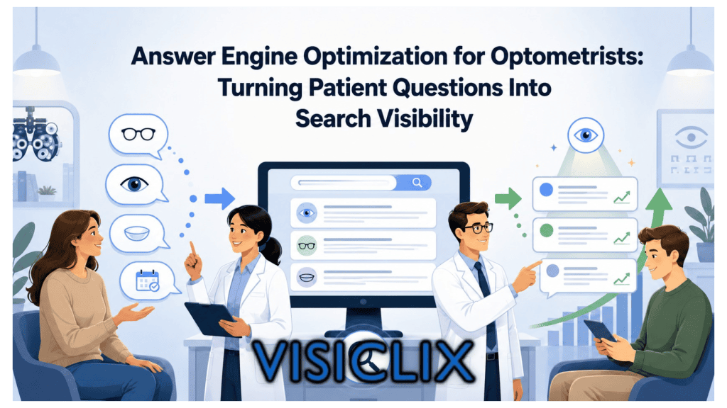 Flat vector illustration of optometrists turning patient eye care questions into search visibility through digital search results and answer cards.