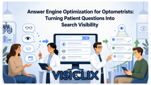 Flat vector illustration of optometrists turning patient eye care questions into search visibility through digital search results and answer cards.